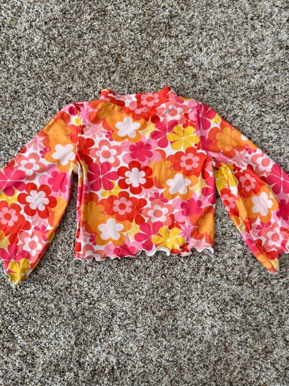 Retro 70s Groovy Floral Mock Neck Bell Sleeve Crop Top Lettuce Trim